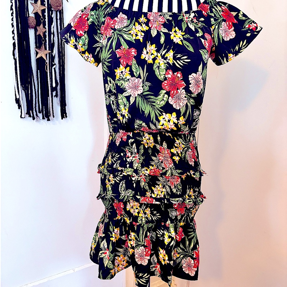 Blue Rayon Tropical Dress with Floral Pattern and Soft Fabric, White Lotus Style